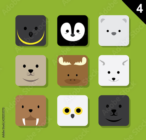 Flat Animal Faces Application Icon Cartoon Vector Set 4 (Arctic)