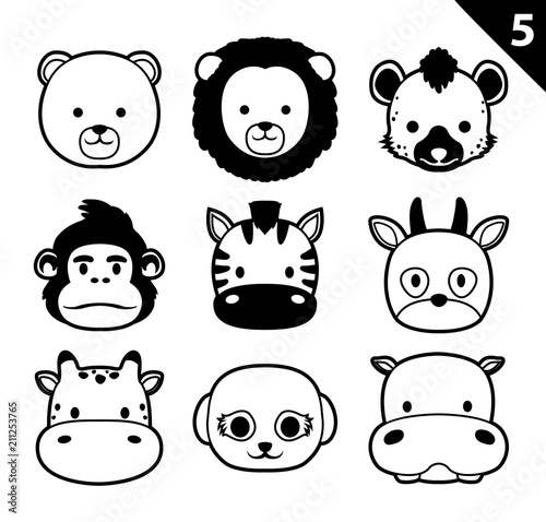 Fototapeta Naklejka Na Ścianę i Meble -  Flat Animal Faces Monochrome Icon Cartoon Vector Set 5 (Safari)