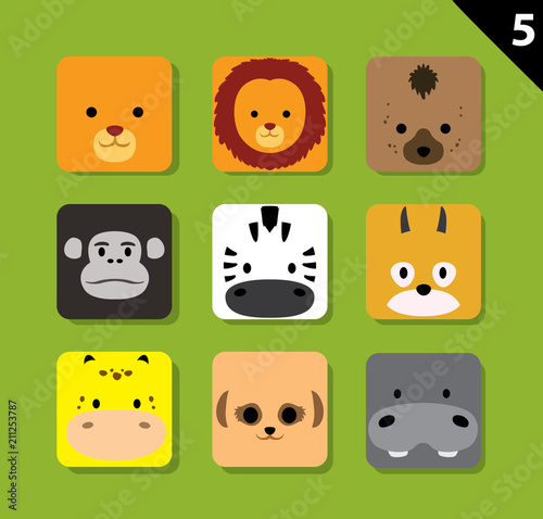 Fototapeta Naklejka Na Ścianę i Meble -  Flat Animal Faces Application Icon Cartoon Vector Set 5 (Safari)