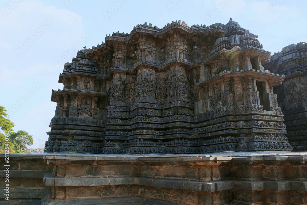 Ornate wall panel relief Hoysaleshwara temple, Halebidu, Karnataka. View from South West.