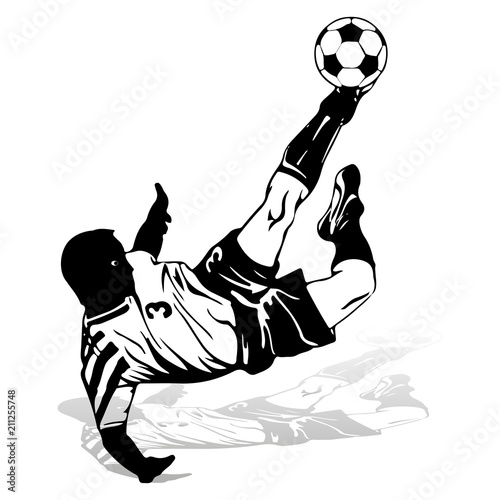 Soccer player in a jump beats the ball with his foot, silhouette-figure on a white background,