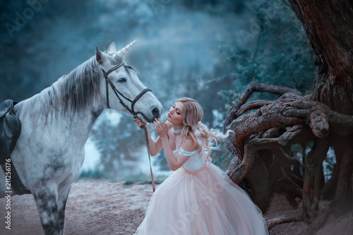 A fairy in a tender vintage dress hugs a unicorn. Fantastic magical,  radiant horse. Background river and forest. Blonde girl with wavy hair -  light elf. Artistic Photo Photos | Adobe Stock