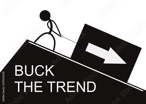 Buck the trend. Stick figure pulling up a box with arrow. Flat vector.