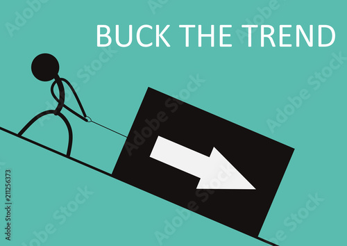 Buck the trend. Stick figure pulling up a box with arrow. Flat vector.