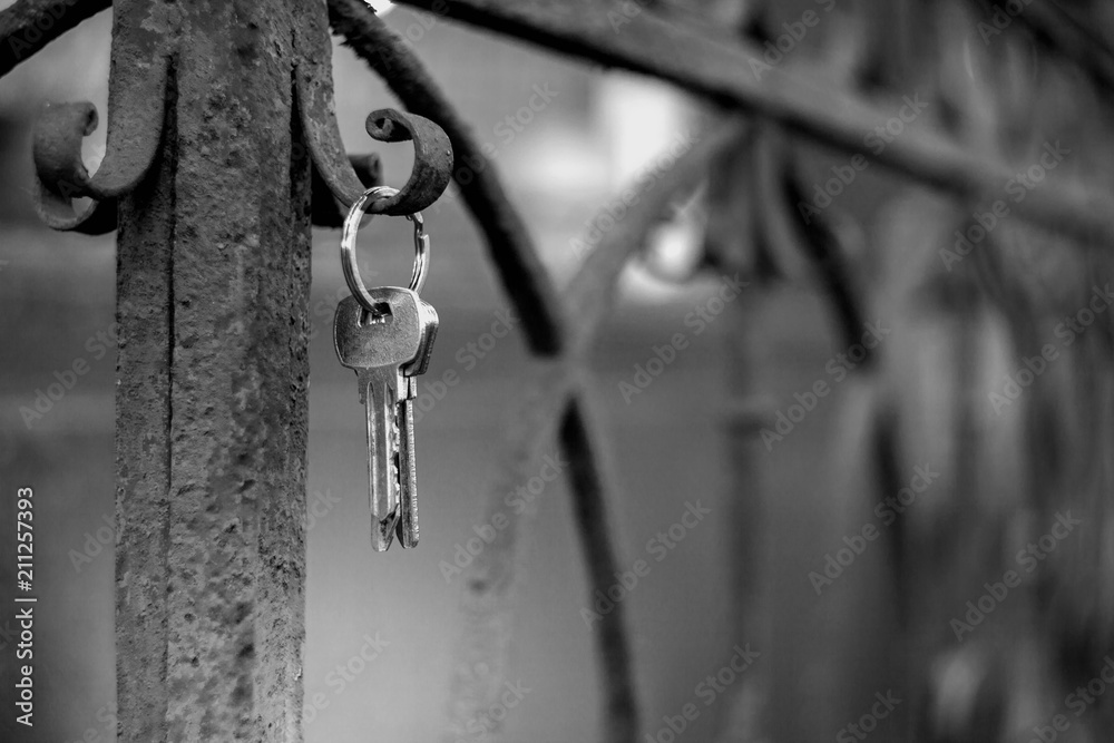 A bunch of keys hanging on the rusted fence of the grave in the cemetery, black and white A bunch of keys hanging on the rusted fence of the grave in the cemetery, black and white