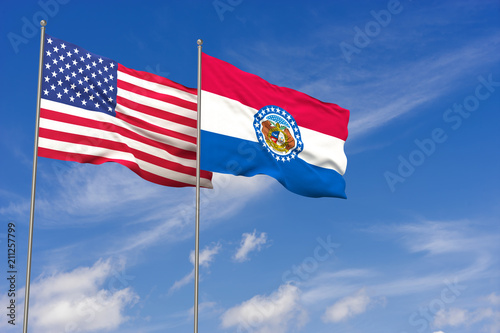 USA and Missouri flags over blue sky background. 3D illustration