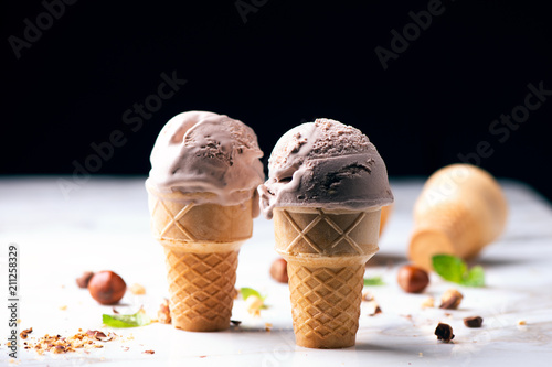 hazelnut choccolate ice cream on wafle cone