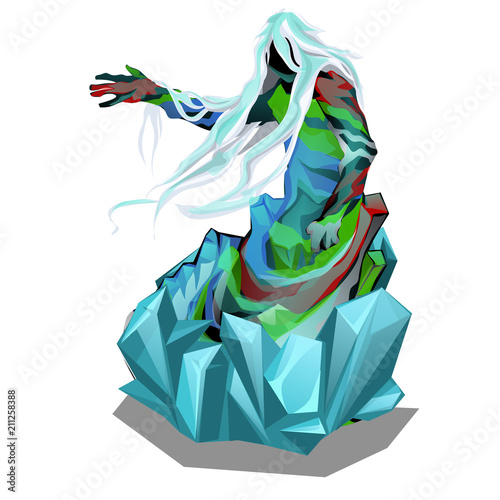 The statue in the form of abstract beings in ice crystals isolated on white background. Vector cartoon close-up illustration.
