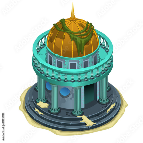The old sunken building with columns covered with silt and sand. Vintage architecture isolated on white background. Vector cartoon close-up illustration.