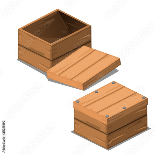 A set of wooden boxes with lids isolated on white background. Vector cartoon close-up illustration.