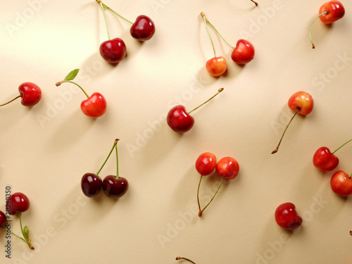 Fresh ripe cherries flat lay