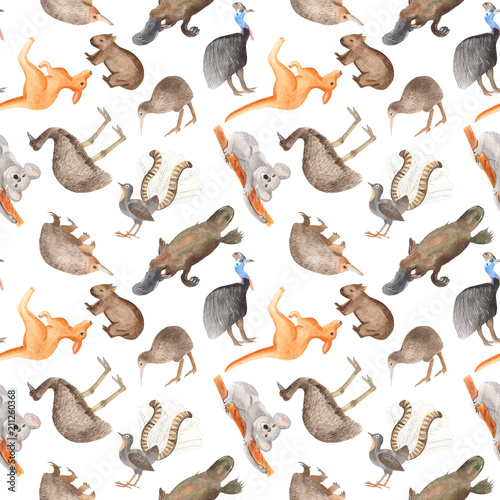 Seamless pattern of Australian animals. Hand-drawn watercolor on a white background. Kangaroo, koala, cassowary, kiwi, wombat, echidna, lira bird, Emu.