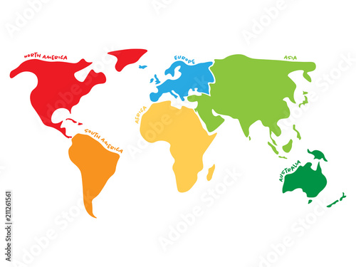 Multicolored world map divided to six continents in different colors - North America  South America  Africa  Europe  Asia and Australia. Simplified silhouette vector map with continent name labels