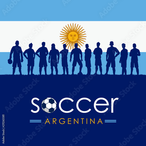 Silhouette of soccer team with flag of Argentina as a background, Vector Illustration