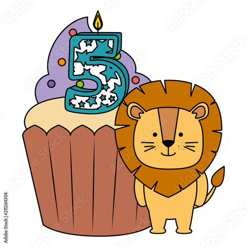 sweet cupcake with candle number five and lion