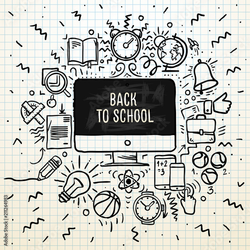 Back to school poster, sketchy notebook doodles with lettering, vector illustration.