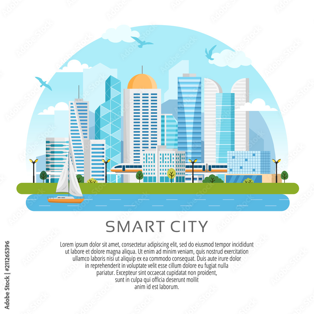 Round style river side landscape with skyscrapers, subway, boat. Vector illustration