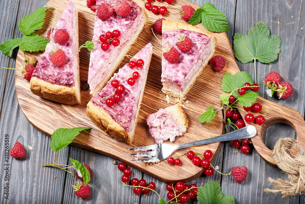 Delicious tart with raspberry and cottage cheese filling. Open pie. Cheesecake