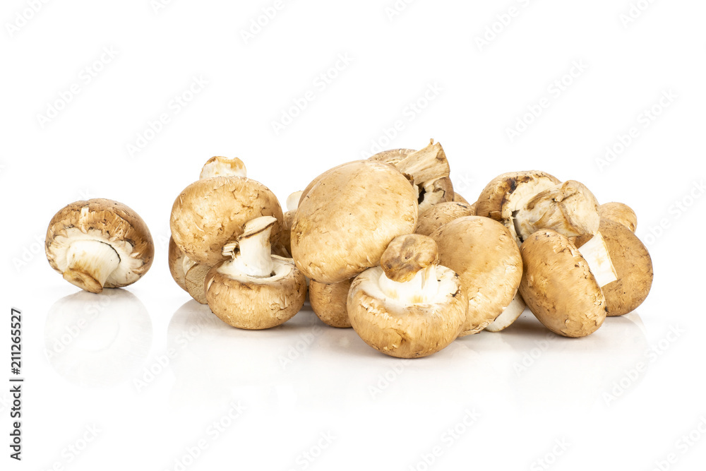 Fresh raw brown champignons stack isolated on white background raw mushrooms. Fresh raw brown champignons stack isolated on white background raw mushrooms.