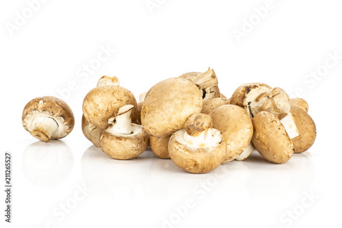 Fresh raw brown champignons stack isolated on white background raw mushrooms.