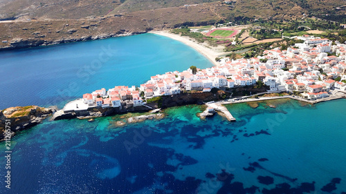 Aerial drone bird's eye view of iconic and picturesque Andros island chora, Cyclades, Greece