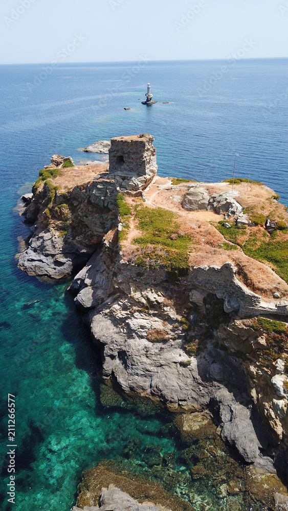 Aerial drone bird's eye view of iconic and picturesque Andros island chora, Cyclades, Greece