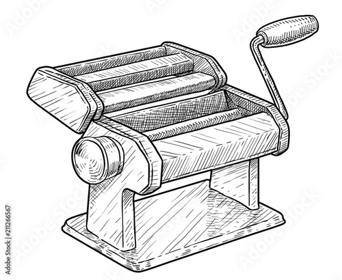 Pasta maker, cutter machine illustration, drawing, engraving, ink, line art, vector