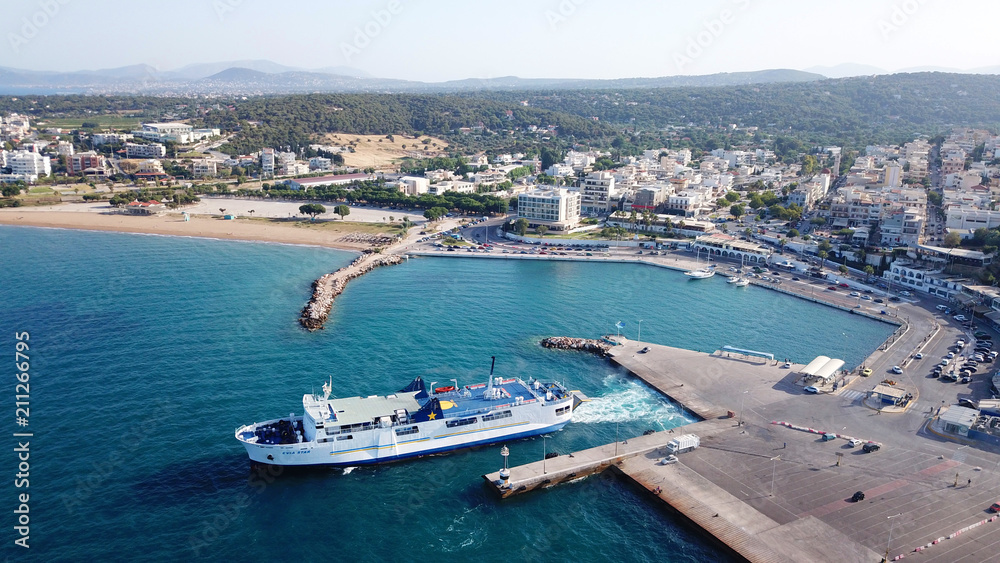 Aerial drone bird's eye view of famous port of Rafina with passenger ferries travel to Aegean islands, Attica, Greece