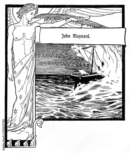 Typographic decorative art deco elements early '900: stylized chapter frontpiece with copy space representing a beautiful angel and a ship in the storm, the title (John Maynard) is a  German ballad  photo