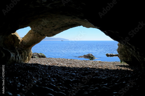 View from sea cave of The Hall beneath Beer Head in East Devon on the Jurassic Coast