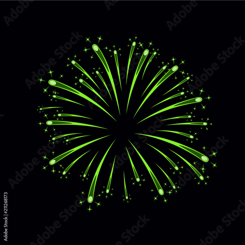 Beautiful green firework. Bright firework isolated on black background. Light green decoration firework for Christmas, New Year celebration, holiday, festival, birthday card. Vector illustration
