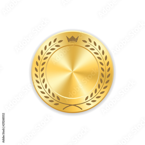 Seal award gold icon. Blank medal with laurel wreath, isolated on white background. Golden design emblem. Symbol of assurance, winner, guarantee and best label, premium, quality. Vector illustration