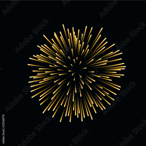 Beautiful gold firework. Bright firework isolated on black background. Light golden decoration firework for Christmas, New Year celebration, holiday, festival, birthday card. Vector illustration