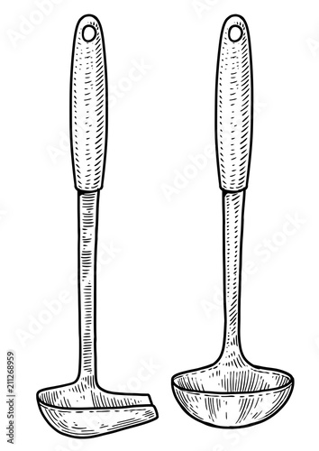 Soup ladle illustration, drawing, engraving, ink, line art, vector