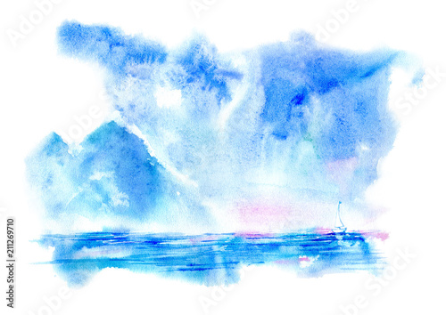 Landscape of a sea,mountain and sailing ship. Ocean. Marine image.Watercolor hand drawn illustration.