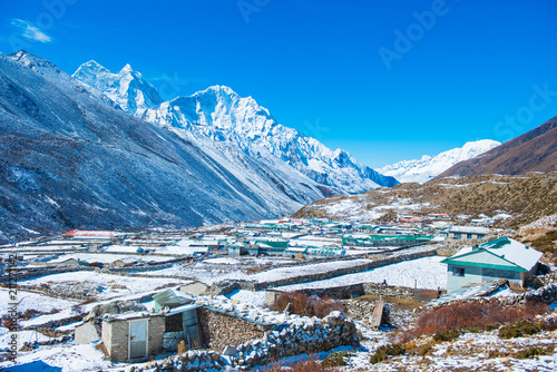 Beautiful landscape of snowy mountains and small village in the Everest Base Camp area