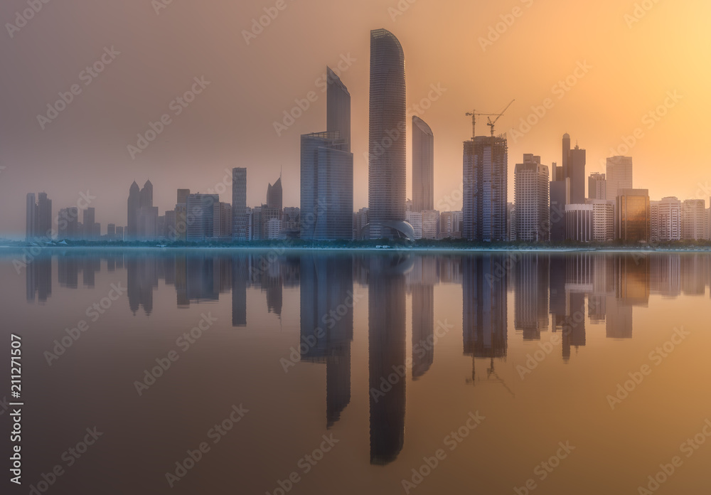 View of Abu Dhabi Skyline at sunset, UAE