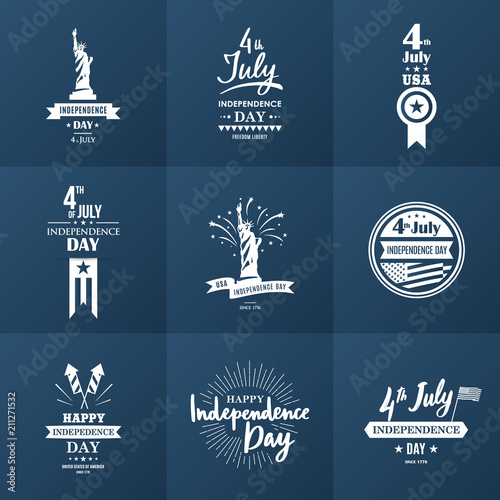 4th of July. A Set of Nine Vintage Greeting Cards. Happy Independence Day United States of America design elements. Vector illustration.