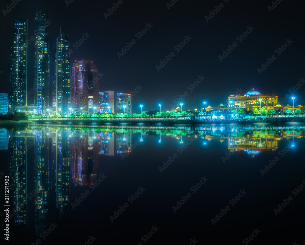 View of Abu Dhabi Skyline at night, UAE