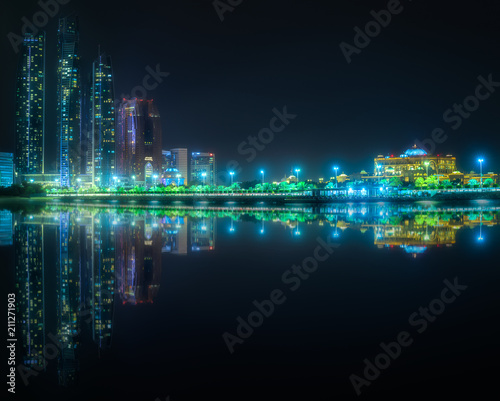 View of Abu Dhabi Skyline at night, UAE
