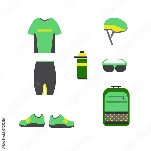 Cycling accessories. Set of colored icons with biker uniform elements, pump, wheel, bicycle bell. Isolated vector illustration.