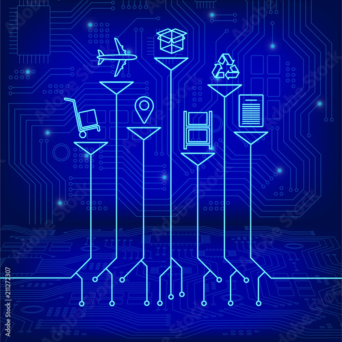 Global logistics network. Growth tree idea with global logistics network concepts. High-tech technology background texture in blue. Abstract technology circuit board, 3d. Vector illustration EPS10.