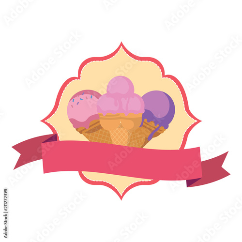 ice cream emblem with arabic frame and decorative ribbon over white background  vector illustration