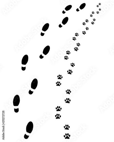 Footprints of man and dog, turn right