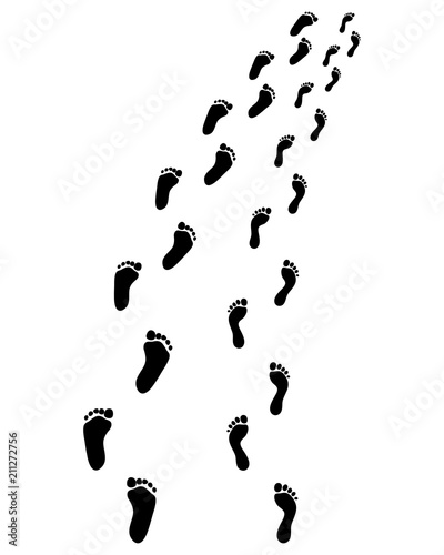 Trail of human bare footsteps, turn right