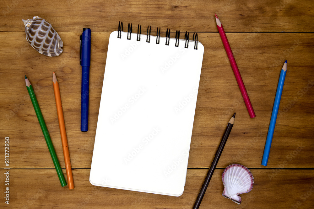 Blank Sketchbook On Wooden Table With Crayons Stock Photo - Download Image  Now - Sketch Pad, Blank, Empty - iStock
