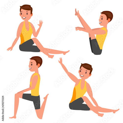 Yoga Male Vector. Stretching And Twisting. Practicing. Playing In Different Poses. Man. Isolated On White Cartoon Character Illustration