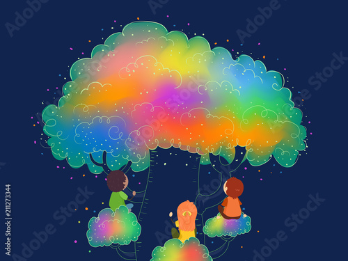 Stickman Kids Tree Rainbow Color Illustration