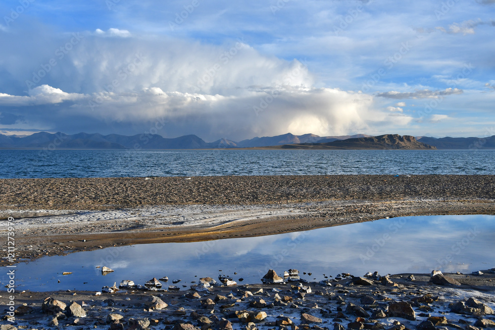 Western Tibet. Sacred lake Dangra (Dang Ra Gyu Tso) in summer evening in cloudy weather