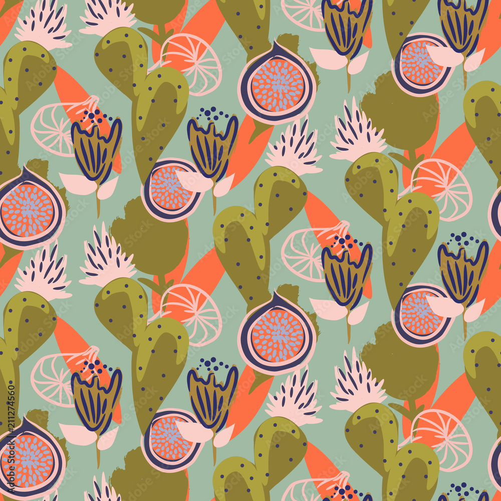 Fototapeta Floral cacti and figs garden seamless vector pattern. Collage texture flowers.